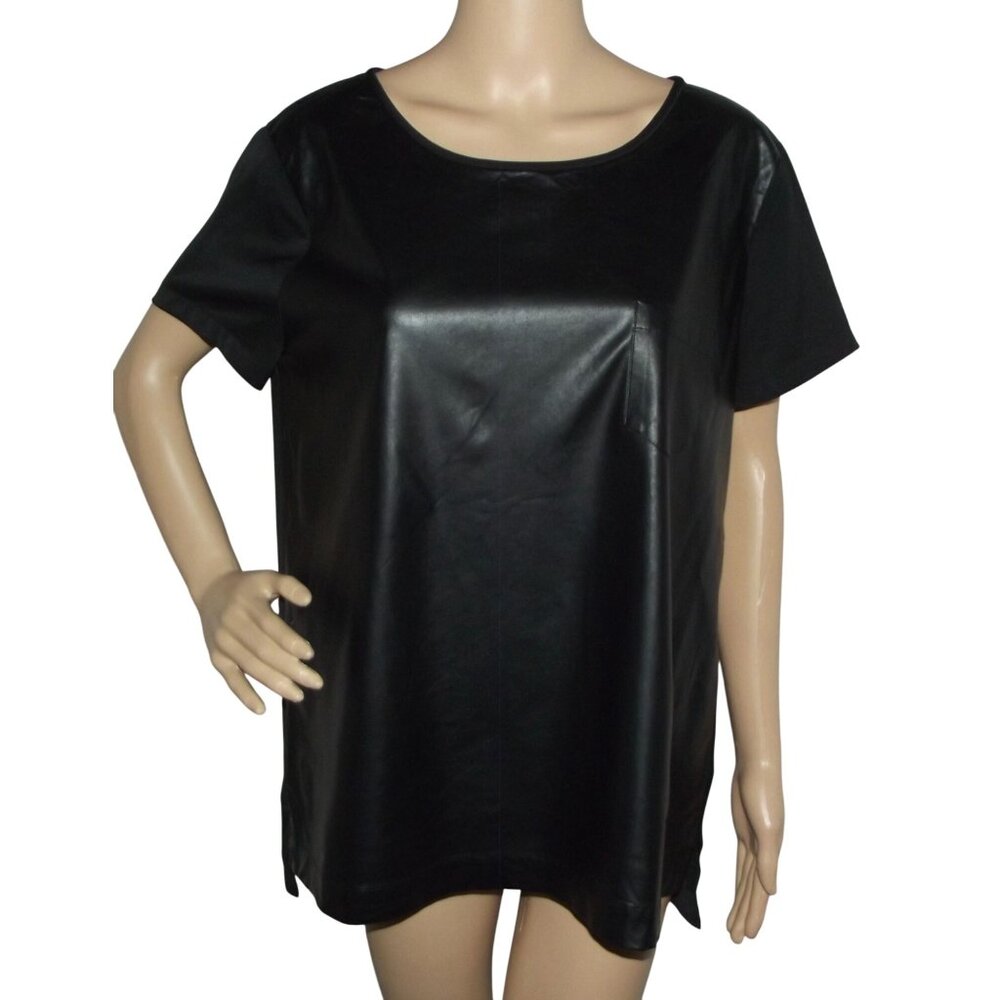 J. Crew Faux Leather Tee Womens Size L Black Short Sleeve Top pocket